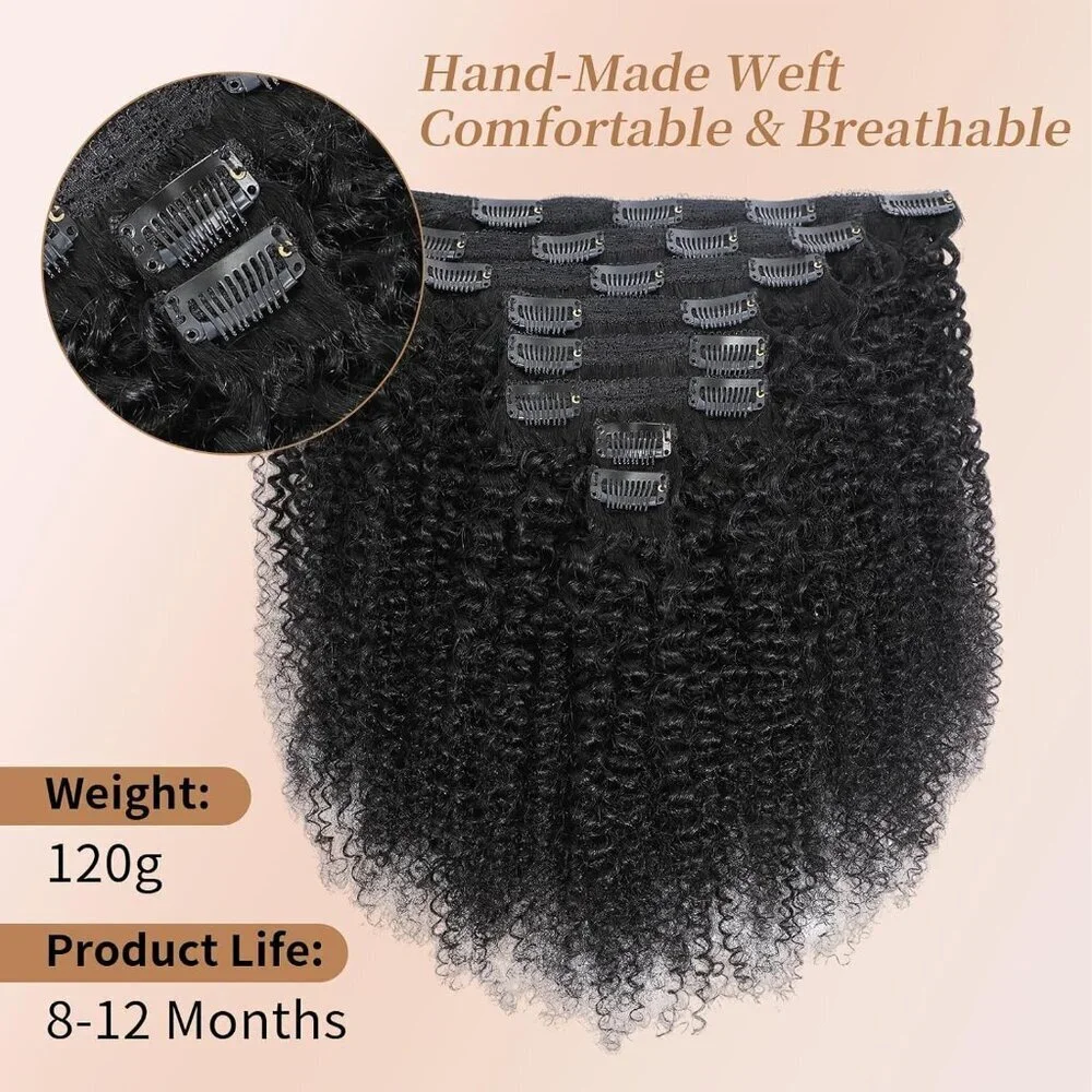 Human Hair Clip Ins Afro Kinky Curly 14 Inch 8pcs Natural Black Perfect for Blac